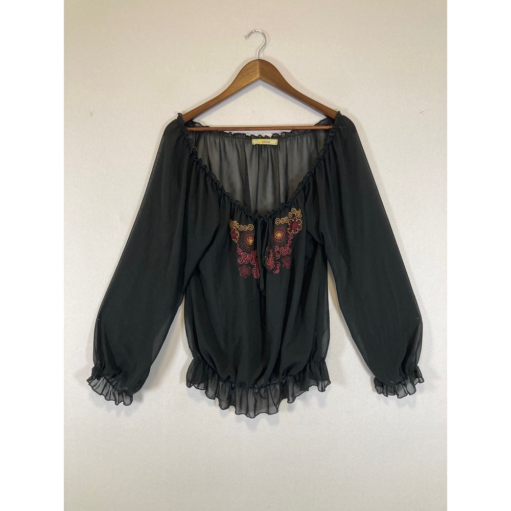 Boho Whimsigoth Gemstone Women Medium Black Embroidered Sheer Peasant Blouse Top